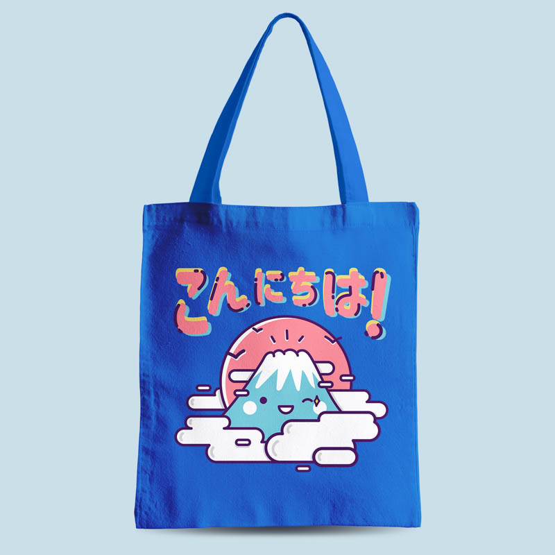 Tote bag bleu Konnichiwa par Demonigote