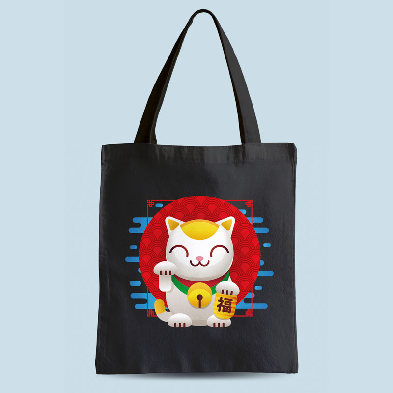 Tote bag noir Maneki Neko par Demonigote