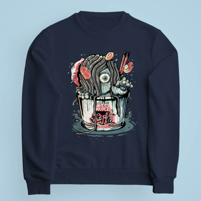 Sweatshirt bleu marine Yurei Well Noodles par Demonigote