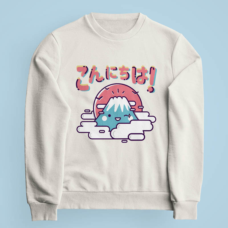 Sweatshirt blanc cassé Konnichiwa par Demonigote