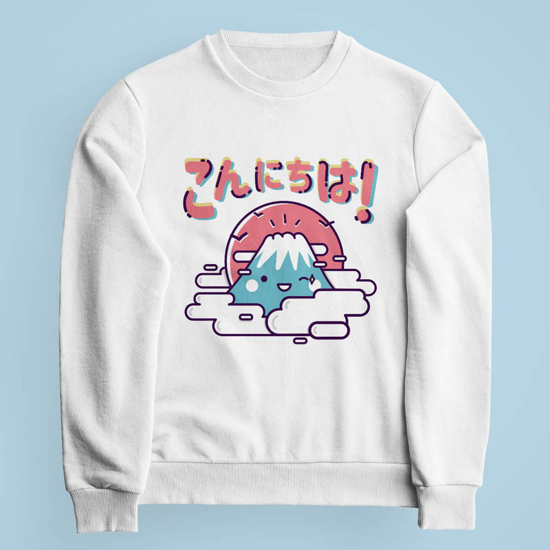 Sweatshirt blanc Konnichiwa par Demonigote