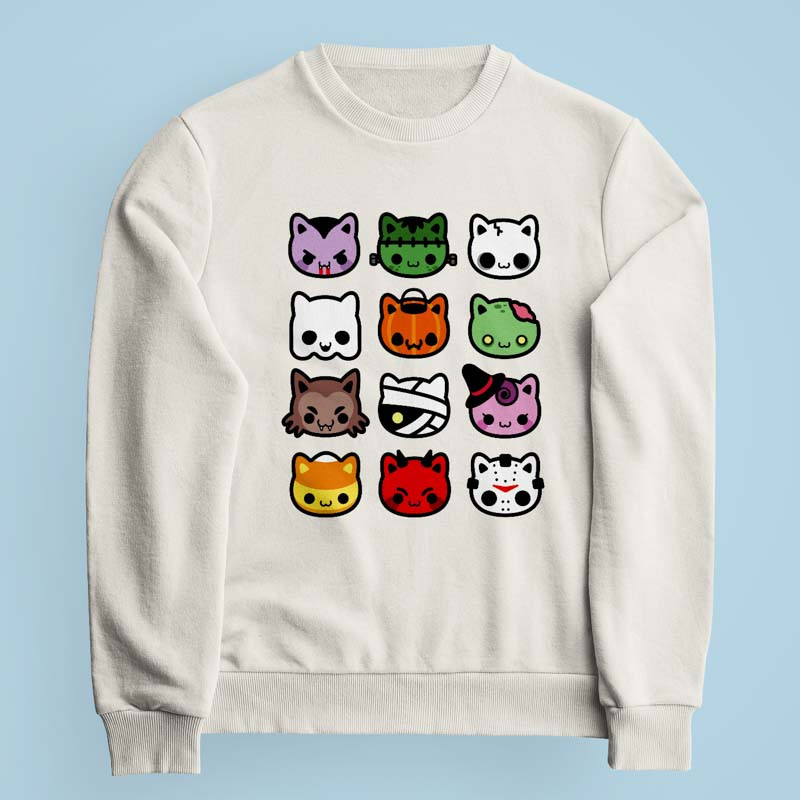 Sweatshirt blanc cassé Hallow Kitties par Demonigote