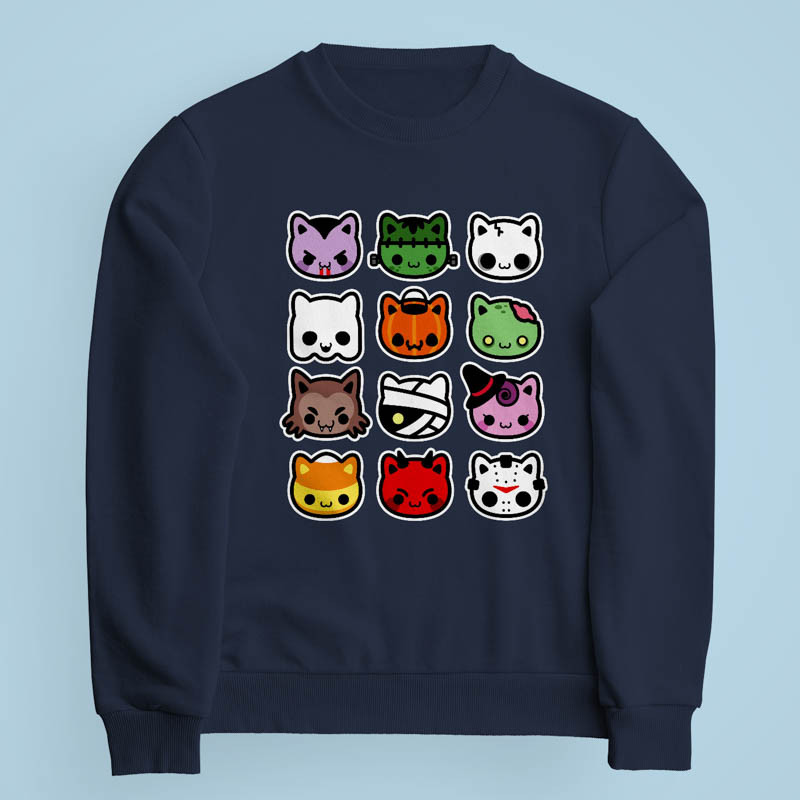 Sweatshirt bleu marine Hallow Kitties par Demonigote