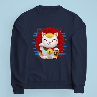 Sweatshirt bleu marine Maneki Neko par Demonigote