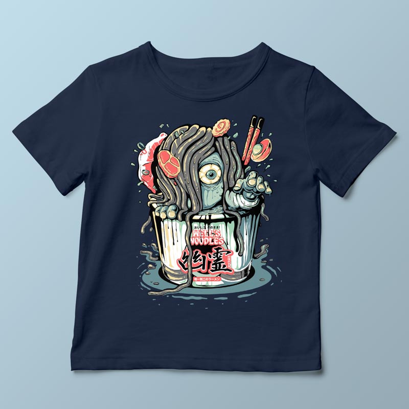 T-shirt enfant bleu marine Yurei Well Noodles par Demonigote