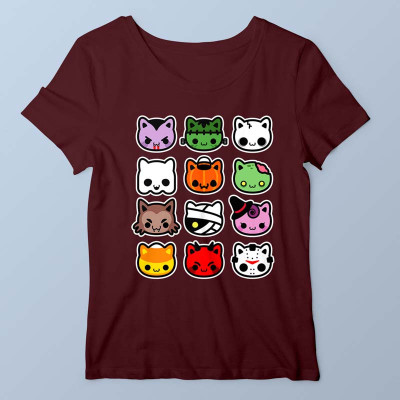 T-shirt femme bordeaux Hallow Kitties par Demonigote