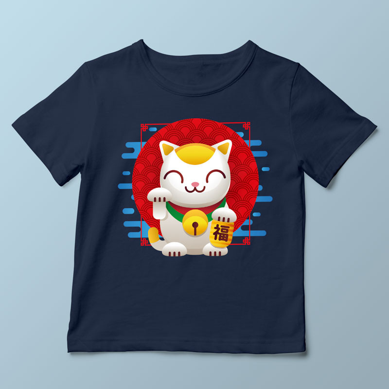 T-shirt enfant bleu marine Maneki Neko par Demonigote