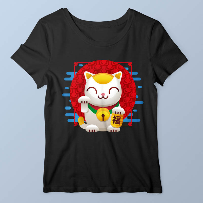 T-shirt femme noir Maneki Neko par Demonigote